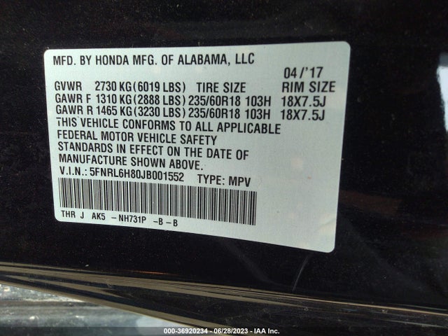 Honda Odyssey Touring 2018 5FNRL6H80JB001552 Image 9