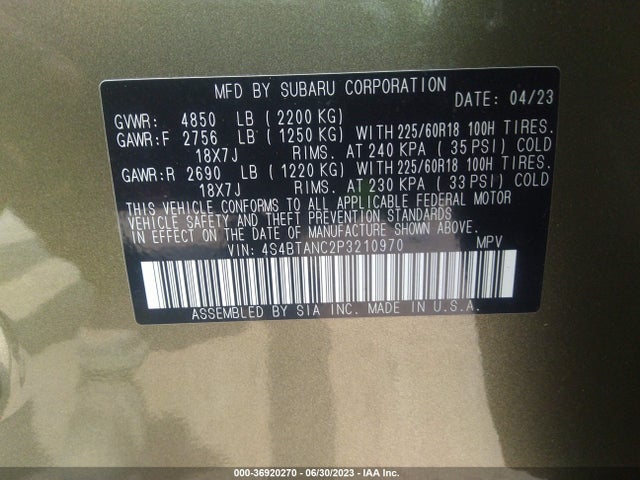 2023 SUBARU OUTBACK LIMITED VIN: 4S4BTANC2P3210970