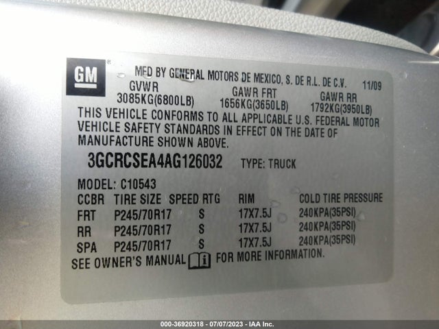 2010 CHEVROLET SILVERADO 1500 LT VIN: 3GCRCSEA4AG126032