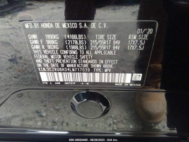 2020 HONDA HR-V LX VIN: 3CZRU6H34LM717039