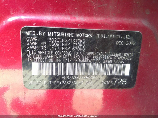 ML32A3HJ7KH006017 Mitsubishi Mirage Es/rf