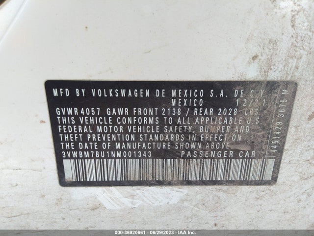 3VWBM7BU1NM001343 Volkswagen Jetta Sport