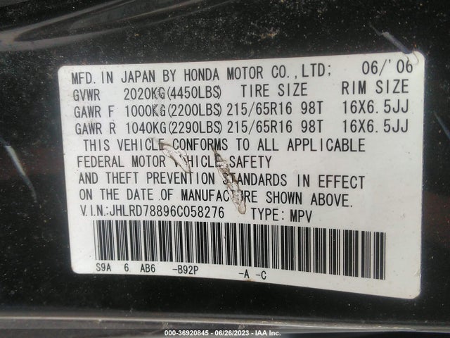 Продаж на аукціоні авто 2006 Honda Cr-v Ex, vin: JHLRD78896C058276, номер лоту: 36920845