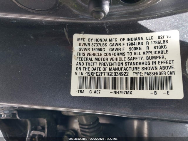 2016 HONDA CIVIC SEDAN EX VIN: 19XFC2F71GE034922