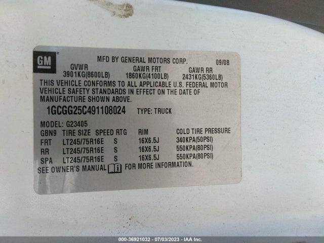 2009 CHEVROLET EXPRESS CARGO VAN VIN: 1GCGG25C491108024