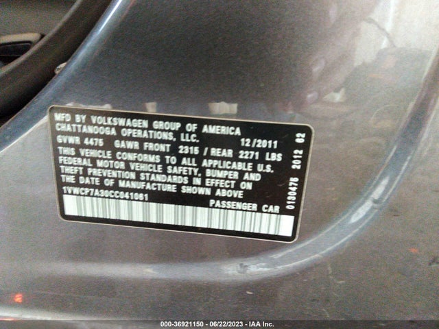 2012 VOLKSWAGEN PASSAT SEL VIN: 1VWCP7A30CC041061