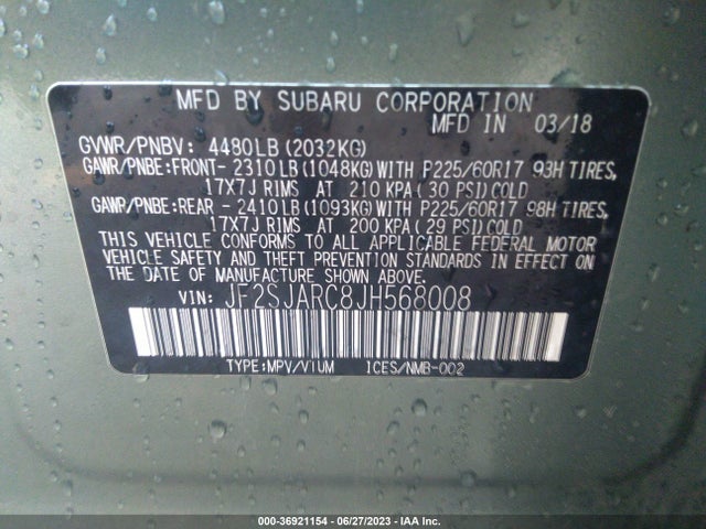 2018 Subaru Forester 2.5i Limited მანქანა იყიდება აუქციონზე, vin: JF2SJARC8JH568008, აუქციონის ნომერი: 36921154