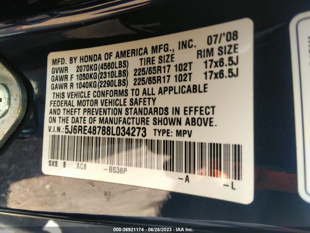 2008 HONDA CR-V EX-L VIN: 5J6RE48788L034273