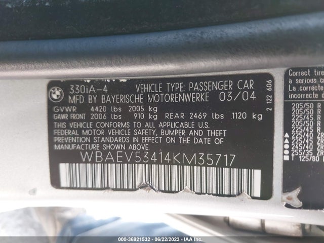 2004 BMW 3 SERIES 330I VIN: WBAEV53414KM35717