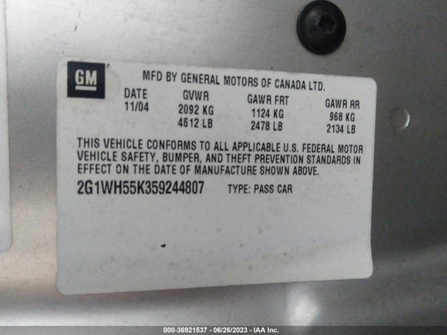 2005 CHEVROLET IMPALA LS VIN: 2G1WH55K359244807
