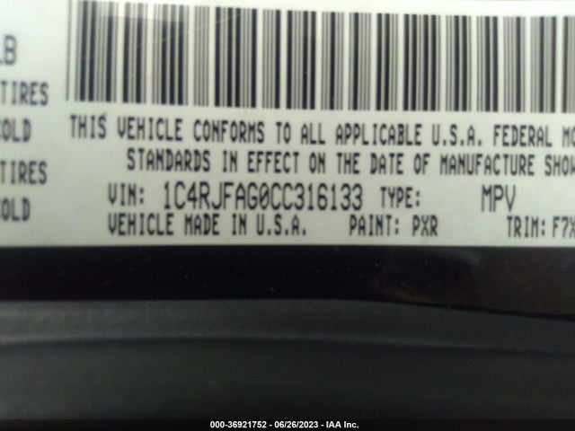 2012 JEEP GRAND CHEROKEE LAREDO VIN: 1C4RJFAG0CC316133
