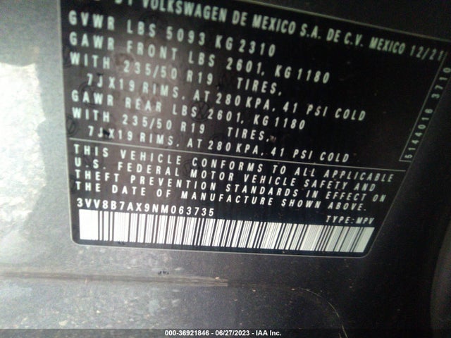 3VV8B7AX9NM063735 Volkswagen Tiguan Se R-line Black