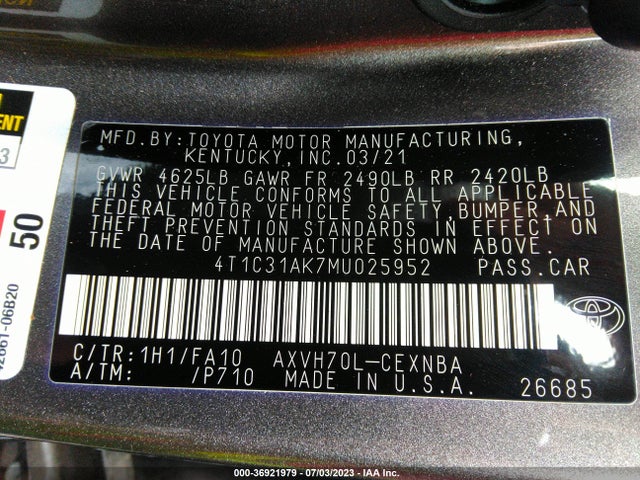 Toyota CAMRY 2021 4T1C31AK7MU025952 Image 9