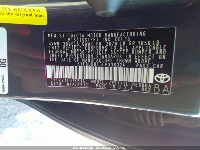 2015 TOYOTA COROLLA L/LE/S/S PLUS/LE PLUS VIN: 5YFBURHE5FP336324