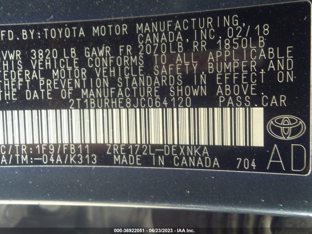 2018 TOYOTA COROLLA L/LE/XLE/SE/XSE VIN: 2T1BURHE8JC064120