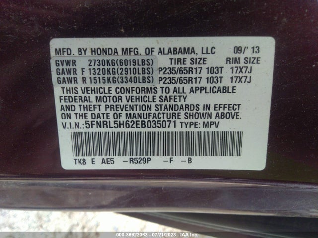 Honda Odyssey Ex-l 2014 5FNRL5H62EB035071 Image 9