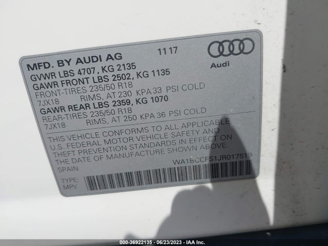 WA1BCCFS1JR017519 Audi Q3 Sport Premium