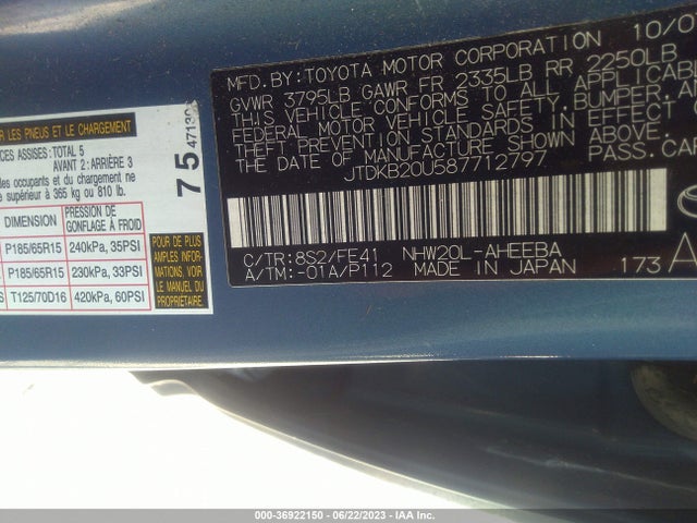 2008 TOYOTA PRIUS VIN: JTDKB20U587712797
