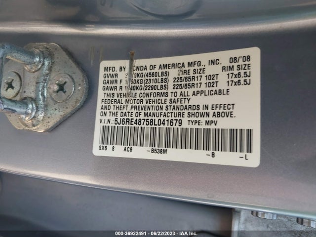 2008 HONDA CR-V EX-L VIN: 5J6RE48758L041679