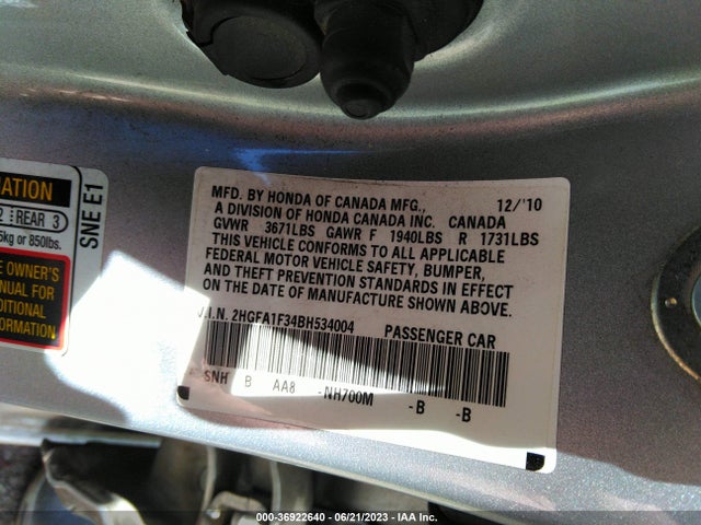 2011 HONDA CIVIC SDN DX-VP VIN: 2HGFA1F34BH534004