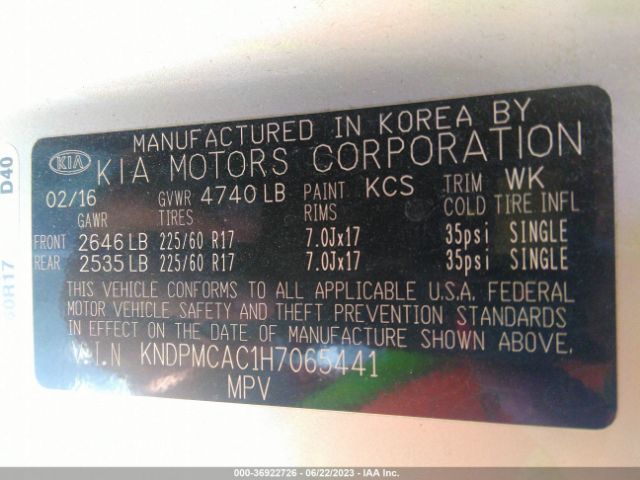 KNDPMCAC1H7065441 KIA Sportage Lx