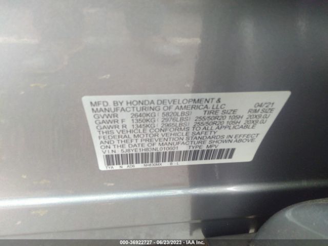 5J8YE1H83NL010601 Acura Mdx W/advance Package