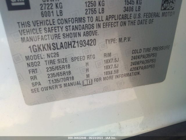 1GKKNSLA0HZ193420 GMC ACADIA SLE