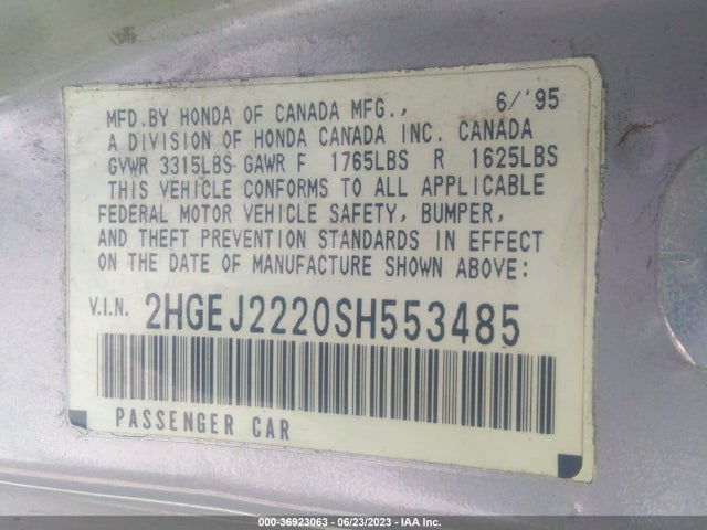 1995 HONDA CIVIC DX VIN: 2HGEJ2220SH553485