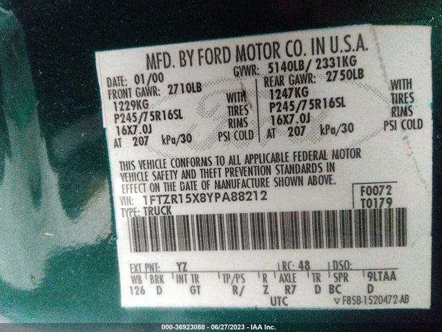 2000 FORD RANGER XL/XLT VIN: 1FTYR14V5YTB46585