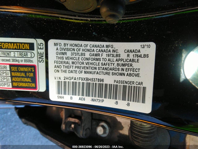 2011 HONDA CIVIC SDN EX-L VIN: 2HGFA1F9XBH537896