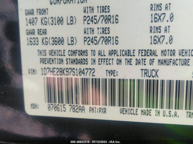 2007 DODGE DAKOTA ST VIN: 1D7HE28K97S104772