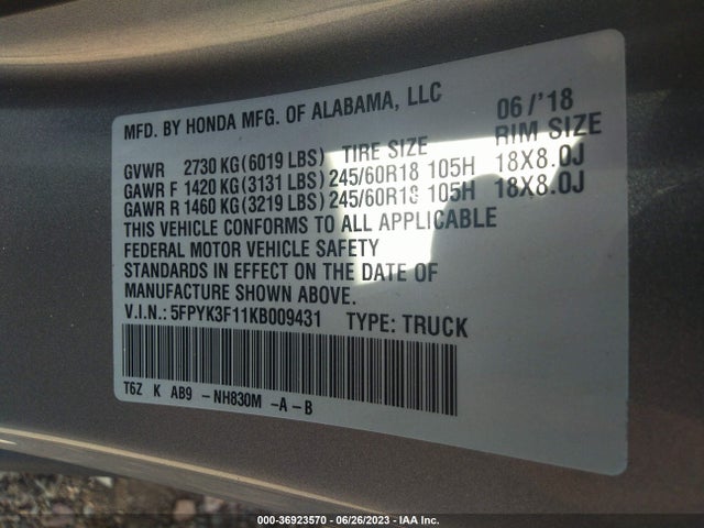 2019 HONDA RIDGELINE SPORT VIN: 5FPYK3F11KB009431