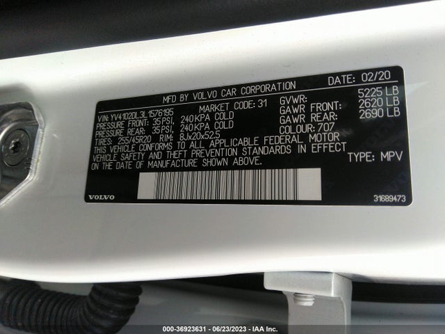 2020 VOLVO XC60 INSCRIPTION VIN: YV4102DL3L1576195