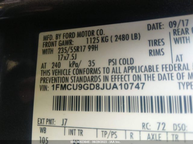 1FMCU9GD8JUA10747 Ford ESCAPE SE