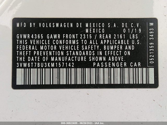 3VW6T7BU3KM157142 Volkswagen Jetta Gli S