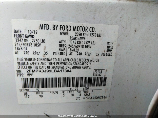 2020 FORD EDGE SEL/ST-LINE VIN: 2FMPK3J99LBA17384