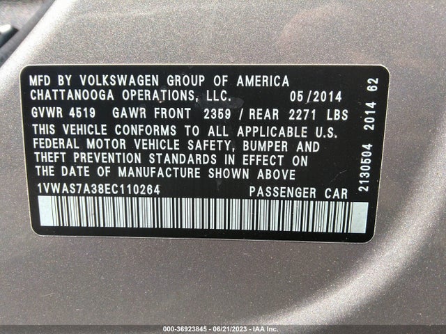 1VWAS7A38EC110264 Volkswagen Passat Wolfsburg Ed