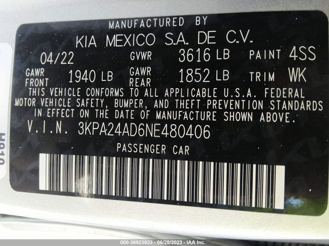 2022 KIA RIO LX VIN: 3KPA24AD6NE480406