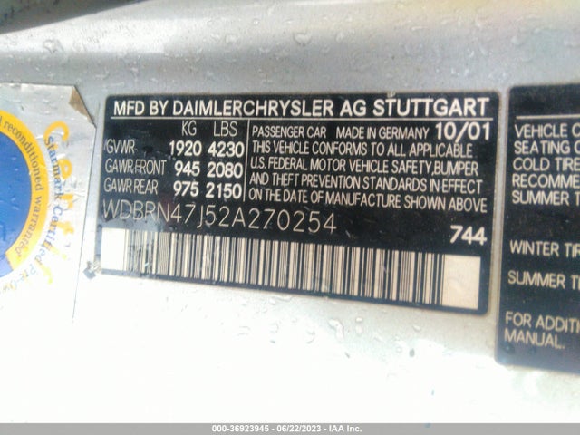 2002 MERCEDES-BENZ C CLASS VIN: WDBRN47J52A270254