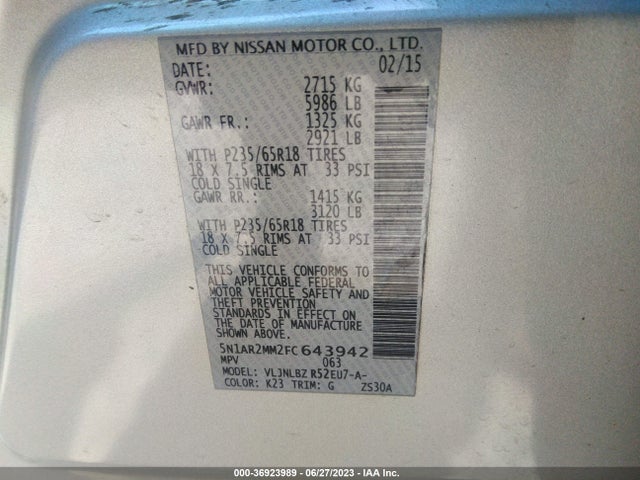 2015 NISSAN PATHFINDER S VIN: 5N1AR2MM2FC643942