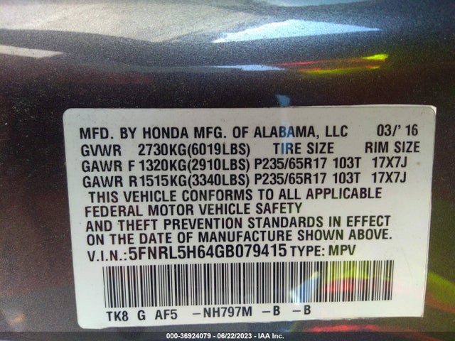 Honda Odyssey Ex-l 2016 5FNRL5H64GB079415 Image 9