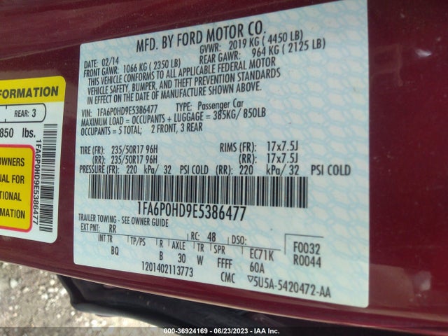 2014 FORD FUSION SE VIN: 1FA6P0HD9E5386477