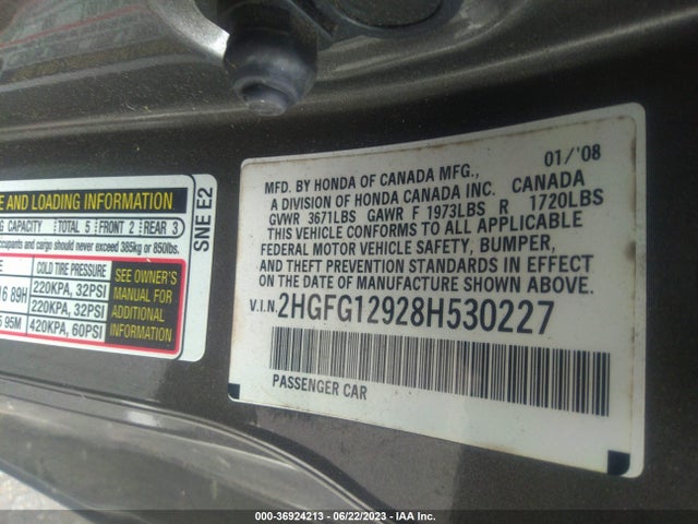 2008 HONDA CIVIC CPE EX-L VIN: 2HGFG12928H530227