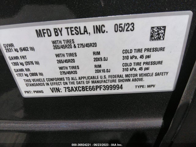 2023 TESLA MODEL X PLAID VIN: 7SAXCBE66PF399994