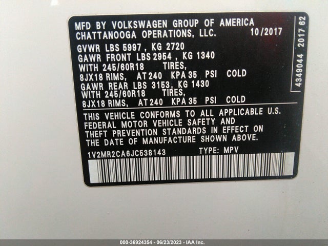 1V2MR2CA6JC538143 Volkswagen Atlas 3.6l V6 Sel