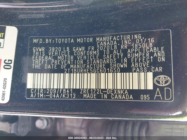 2016 TOYOTA COROLLA L/LE/S/S PLUS/LE PLUS VIN: 2T1BURHE5GC601650