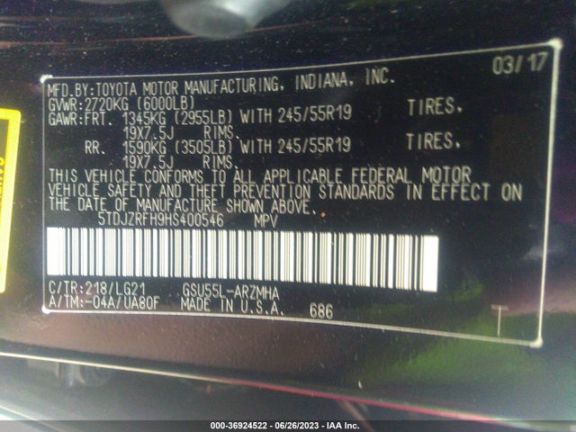 Toyota Highlander Xle/se 2017 5TDJZRFH9HS400546 Image 16