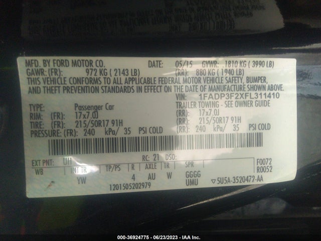 2015 FORD FOCUS SE VIN: 1FADP3F2XFL311410