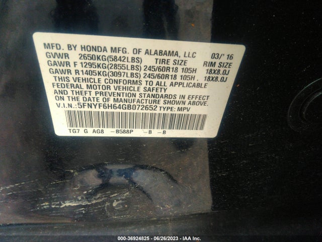 Honda Pilot Ex-l 2016 5FNYF6H64GB072652 Image 15