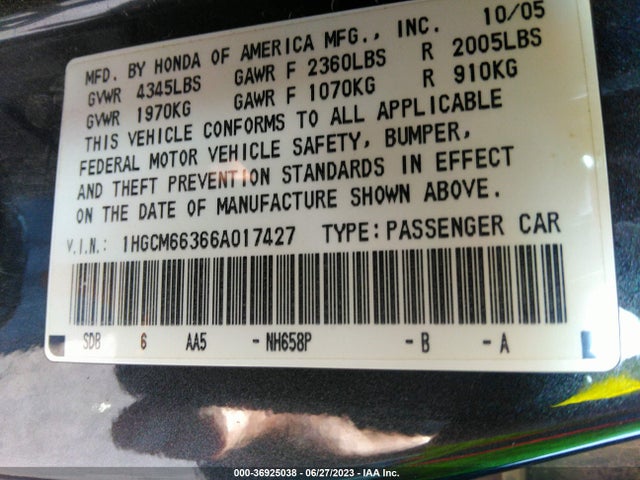 2006 HONDA ACCORD SDN LX V6 VIN: 1HGCM66366A017427